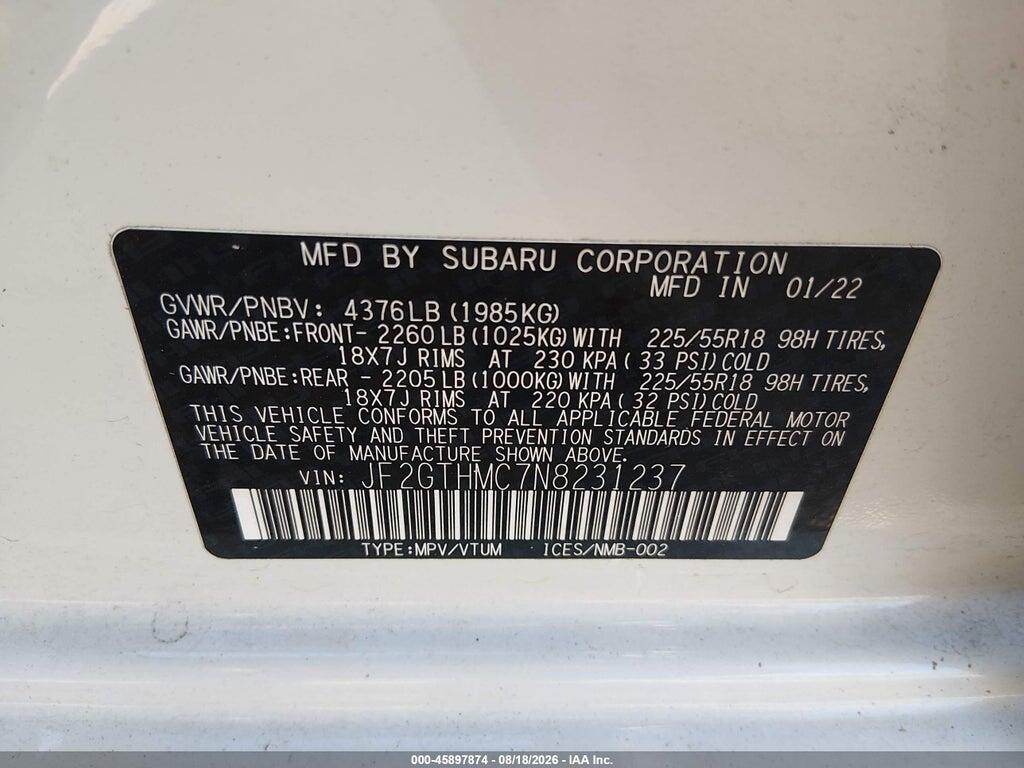 JF2GTHMC7N8231237 2022 SUBARU CROSSTREK photo no. 9