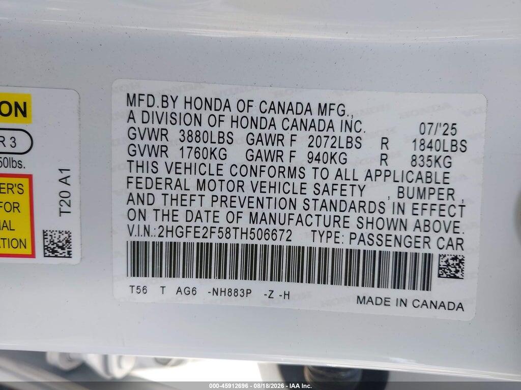 2HGFE2F58TH506672 2026 HONDA CIVIC photo no. 9
