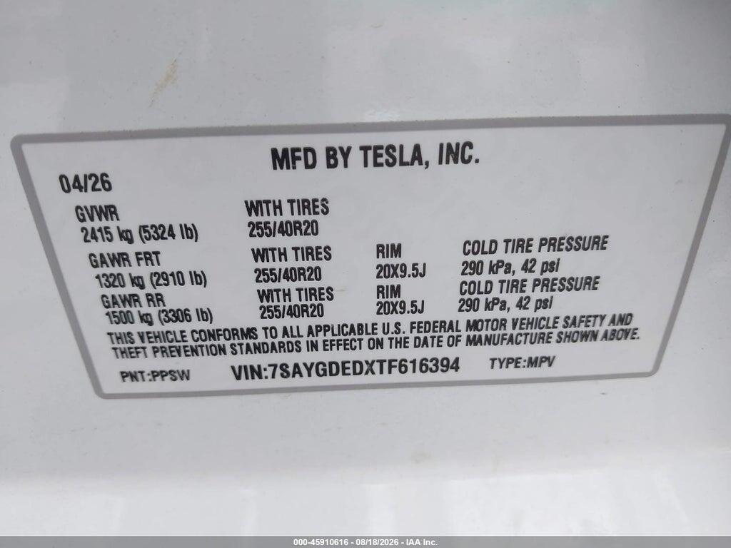 7SAYGDEDXTF616394 2026 TESLA MODEL Y photo no. 9