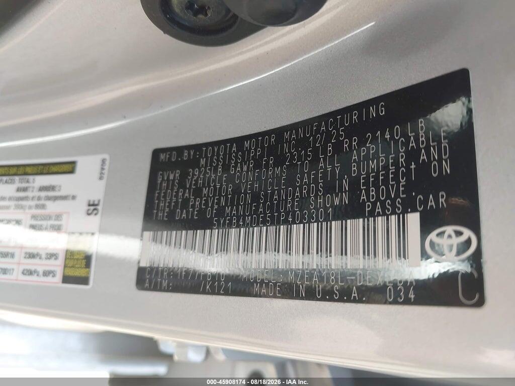 5YFB4MDE5TP403301 2026 TOYOTA COROLLA photo no. 9