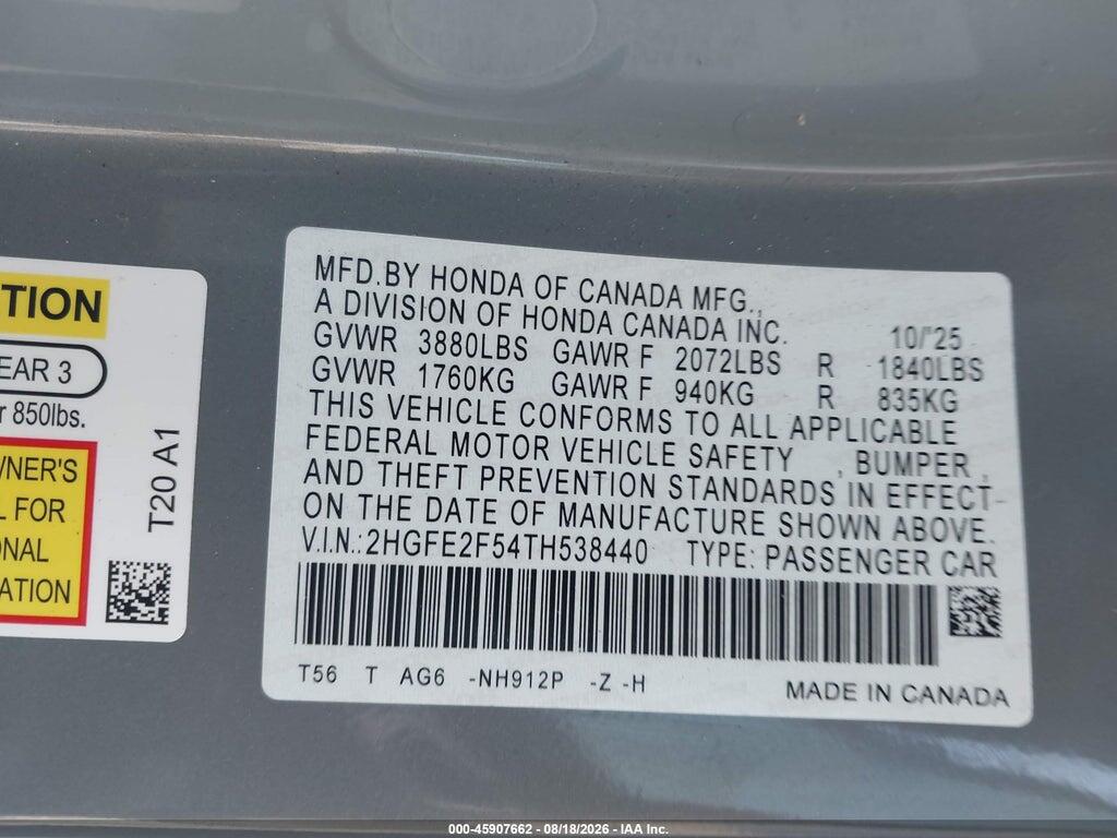 2HGFE2F54TH538440 2026 HONDA CIVIC photo no. 9