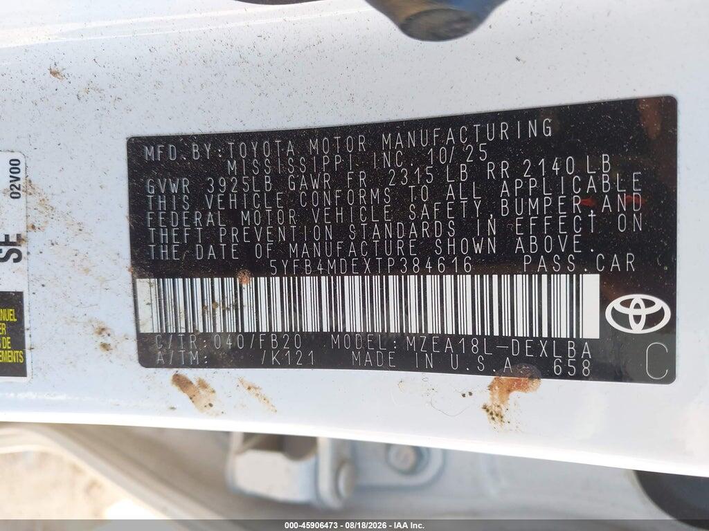 5YFB4MDEXTP384616 2026 TOYOTA COROLLA photo no. 9