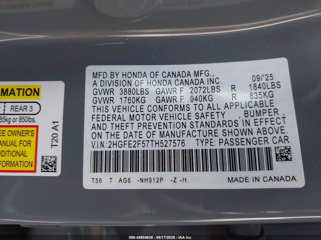 2HGFE2F57TH527576 2026 HONDA CIVIC photo no. 9