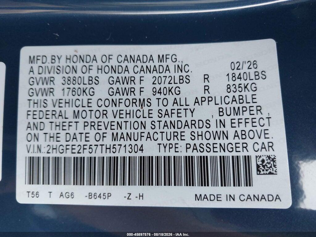 2HGFE2F57TH571304 2026 HONDA CIVIC photo no. 9