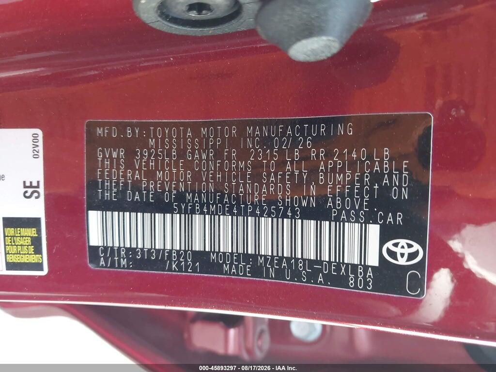 5YFB4MDE4TP425743 2026 TOYOTA COROLLA photo no. 9