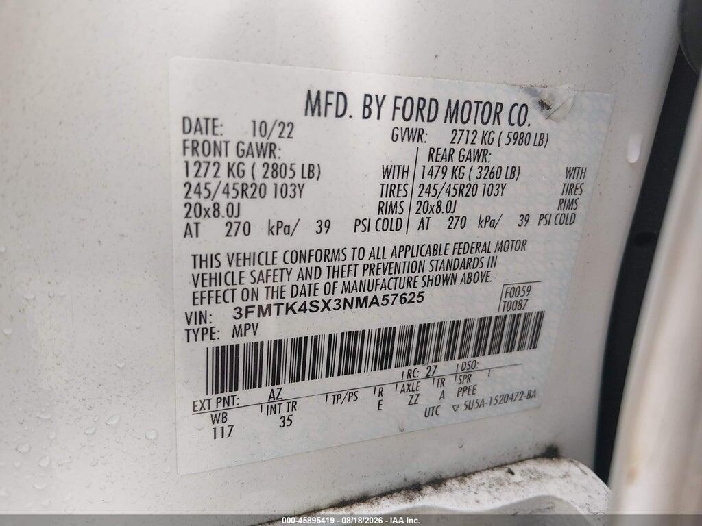 3FMTK4SX3NMA57625 2022 FORD MUSTANG MACH-E photo no. 9