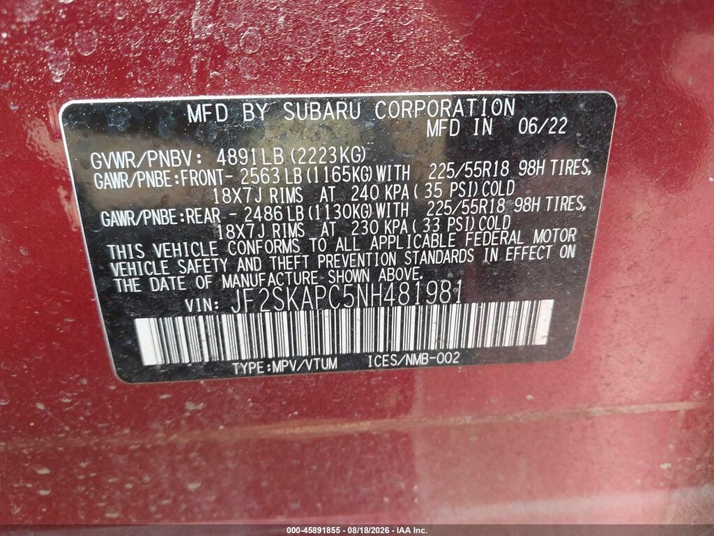 JF2SKAPC5NH481981 2022 SUBARU FORESTER photo no. 9