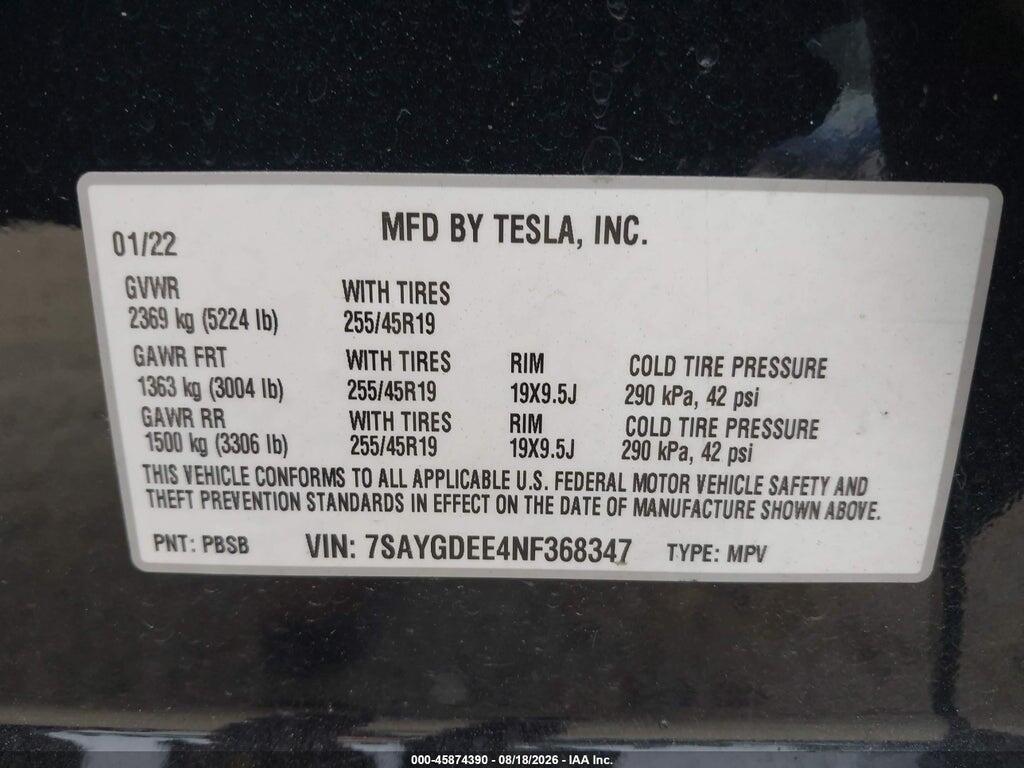 7SAYGDEE4NF368347 2022 TESLA MODEL Y photo no. 9