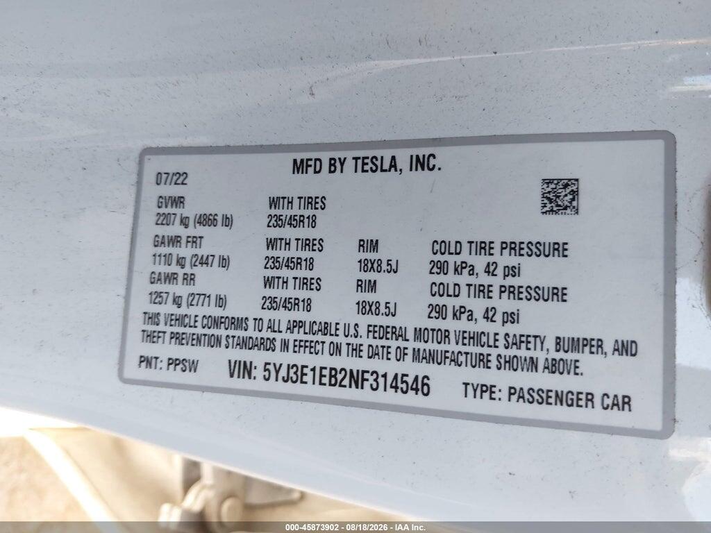 5YJ3E1EB2NF314546 2022 TESLA MODEL 3 photo no. 9