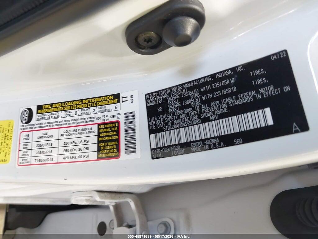 5TDCZRAH8NS550689 2022 TOYOTA HIGHLANDER photo no. 9