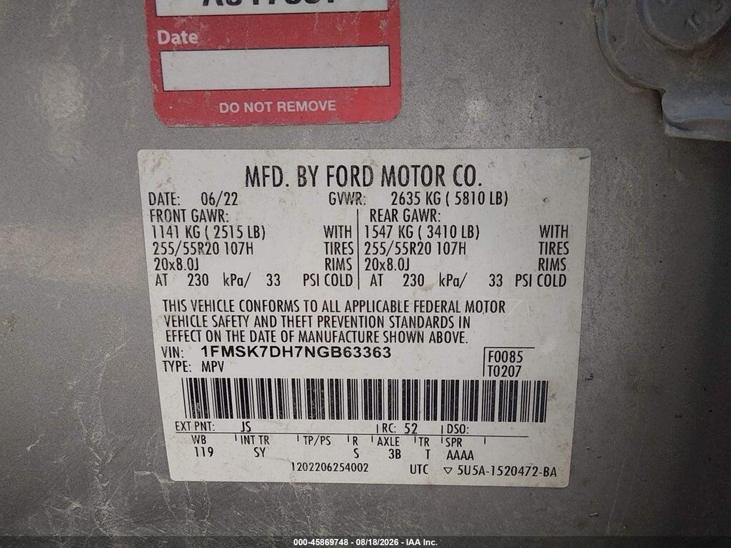 1FMSK7DH7NGB63363 2022 FORD EXPLORER photo no. 9