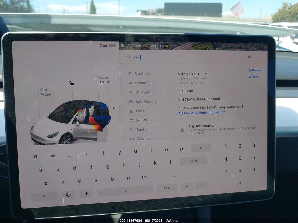 7SAYGDEE6NF561065 2022 TESLA MODEL Y photo no. 7