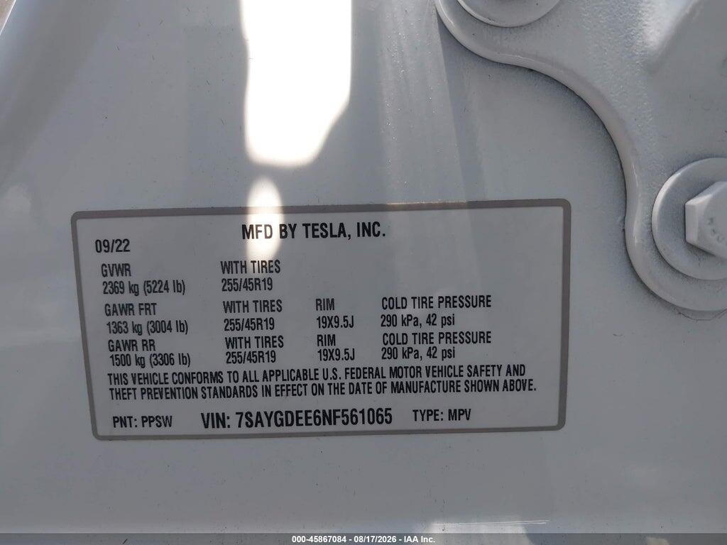 7SAYGDEE6NF561065 2022 TESLA MODEL Y photo no. 9