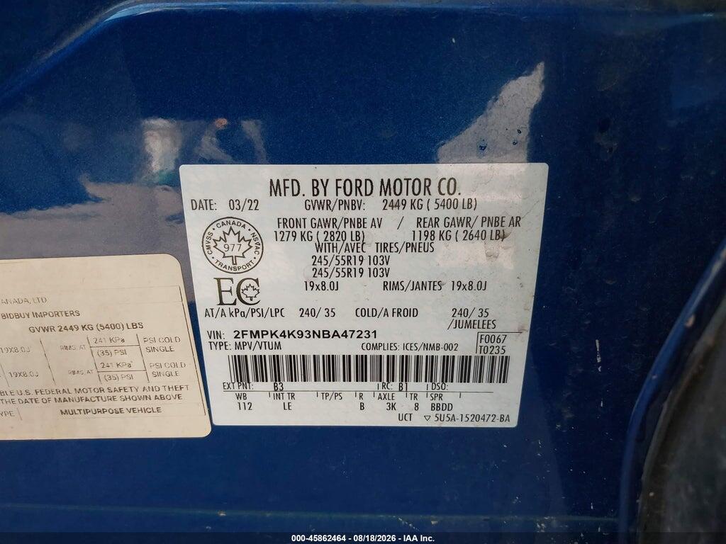 2FMPK4K93NBA47231 2022 FORD EDGE photo no. 9