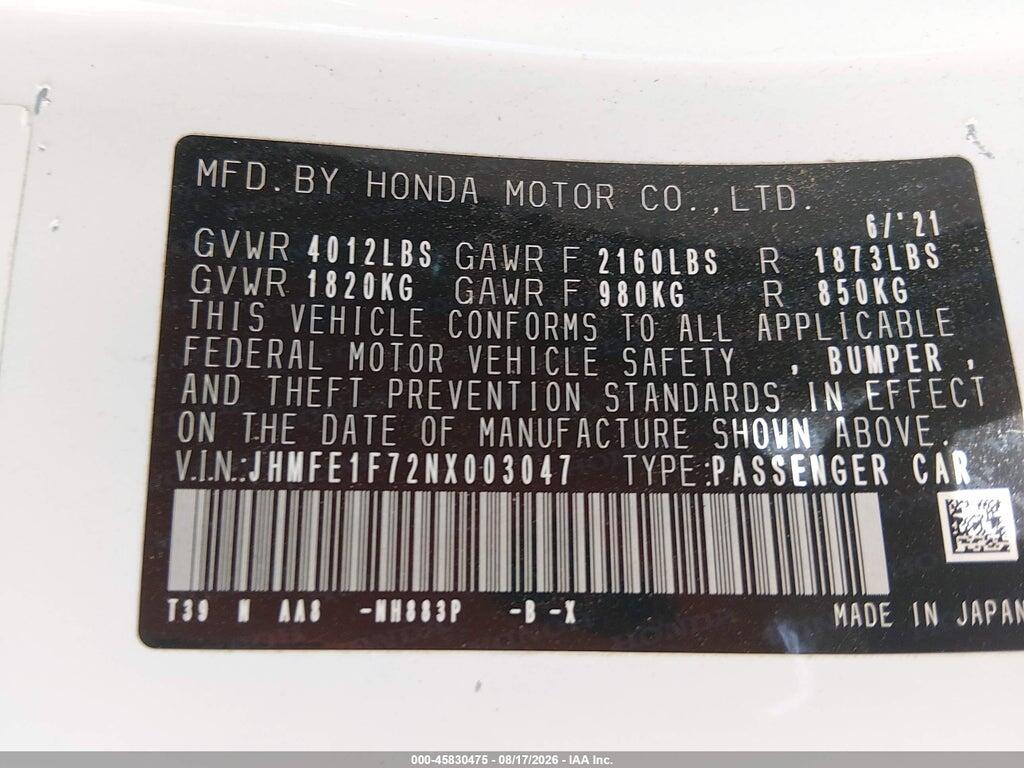 JHMFE1F72NX003047 2022 HONDA CIVIC photo no. 9