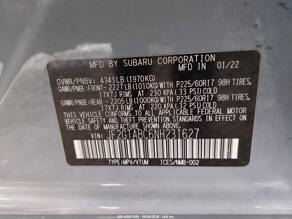 JF2GTABC6NH231627 2022 SUBARU CROSSTREK photo no. 9