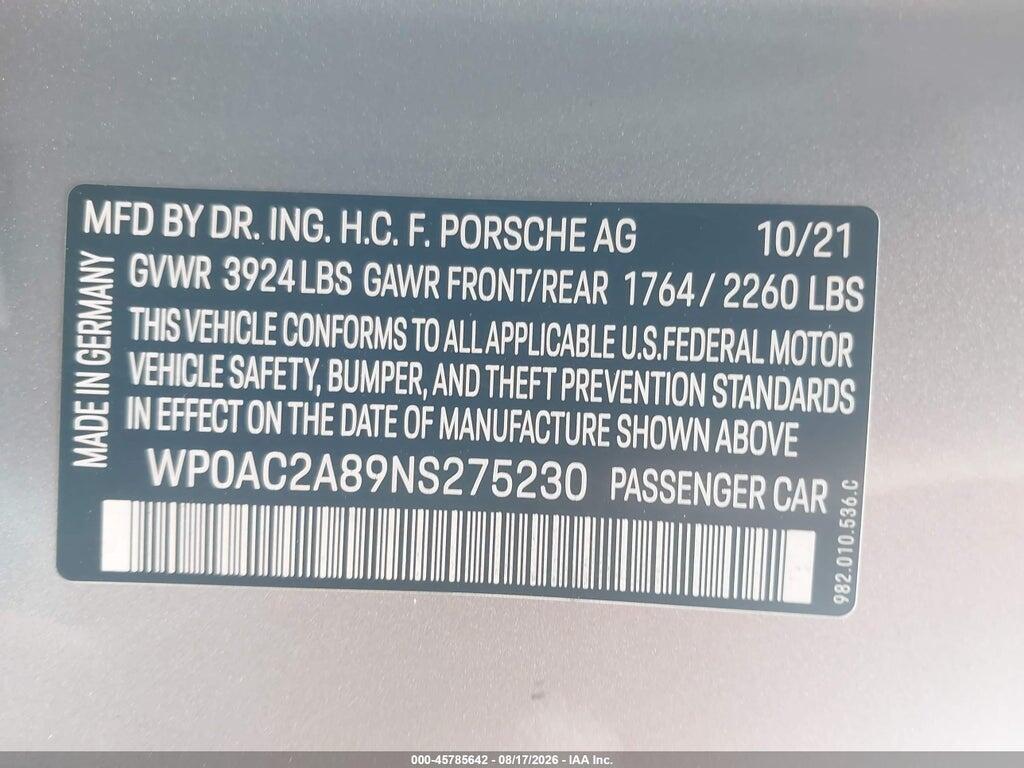 WP0AC2A89NS275230 2022 PORSCHE 718 CAYMAN photo no. 9