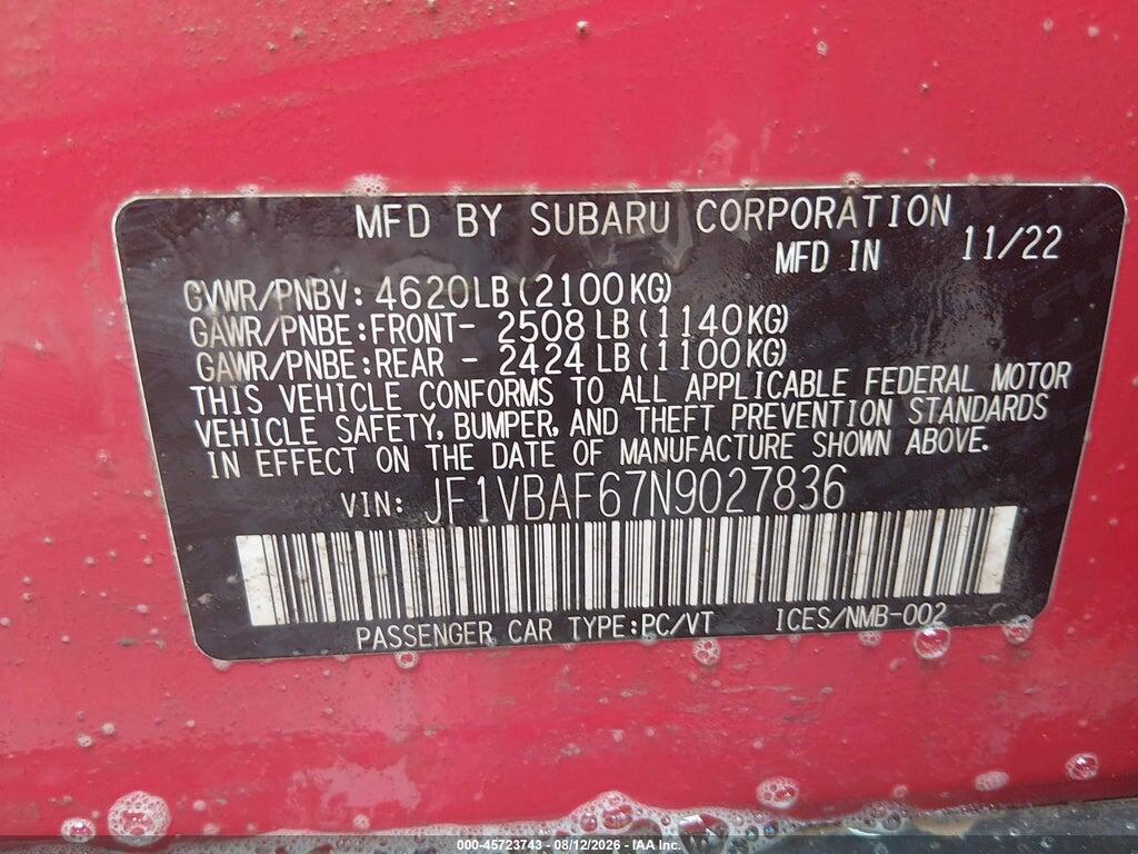 JF1VBAF67N9027836 2022 SUBARU WRX photo no. 9