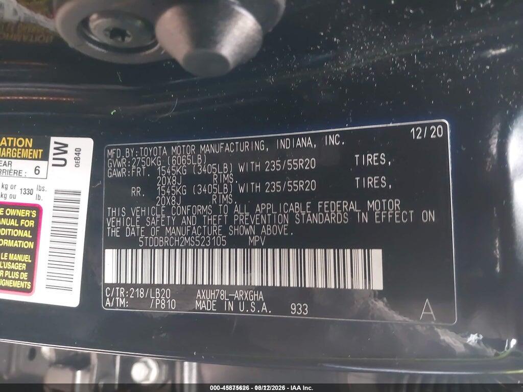 5TDDBRCH2MS523105 2021 TOYOTA HIGHLANDER photo no. 9