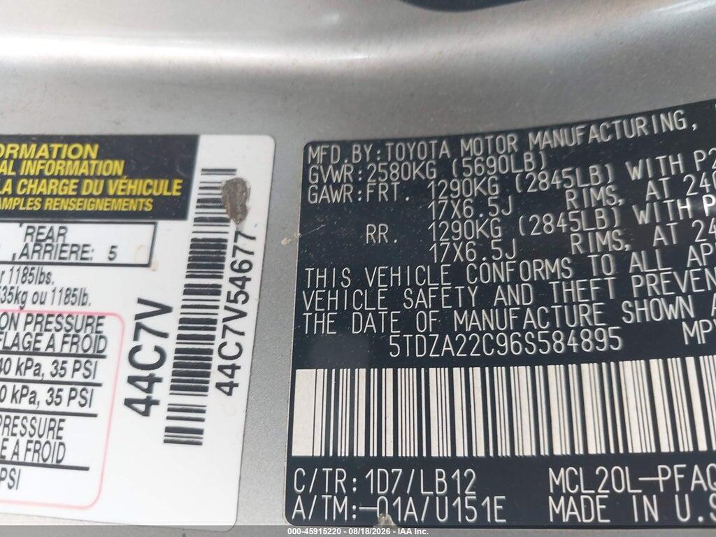 5TDZA22C96S584895 2006 TOYOTA SIENNA photo no. 9