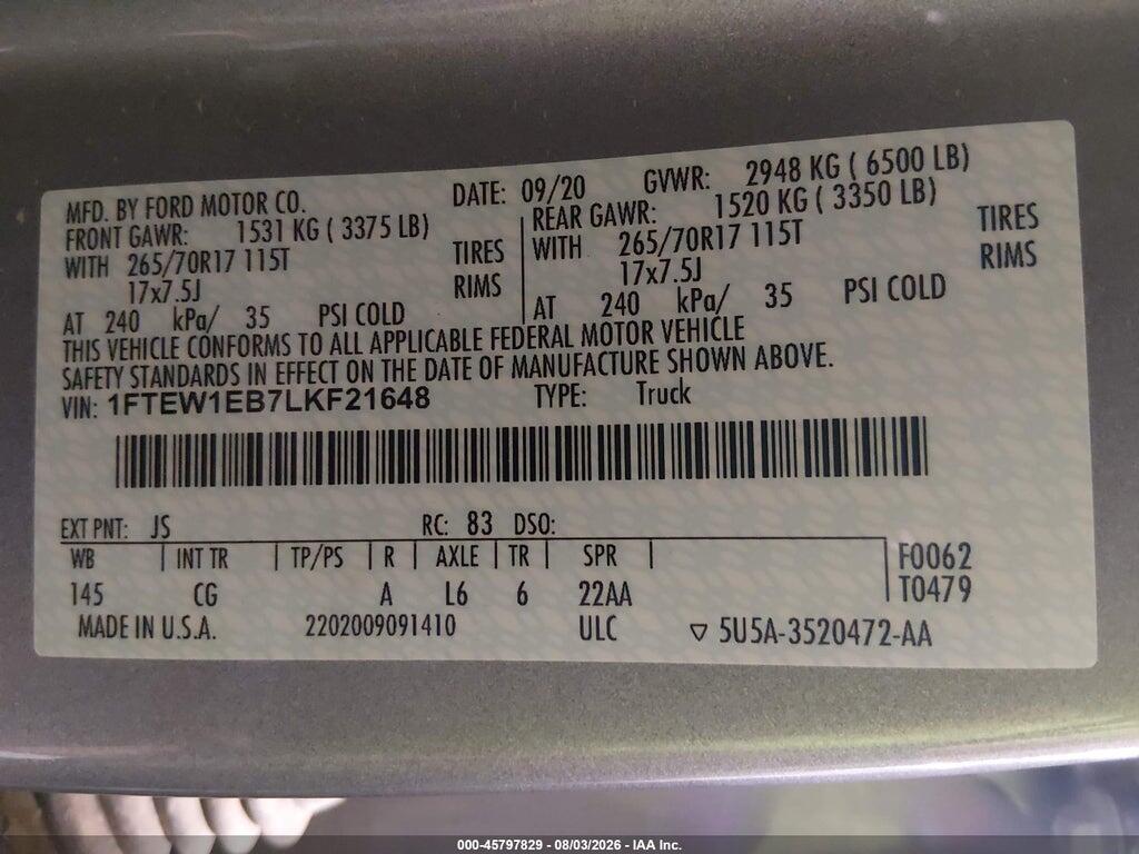 1FTEW1EB7LKF21648 2020 FORD F-150 photo no. 9