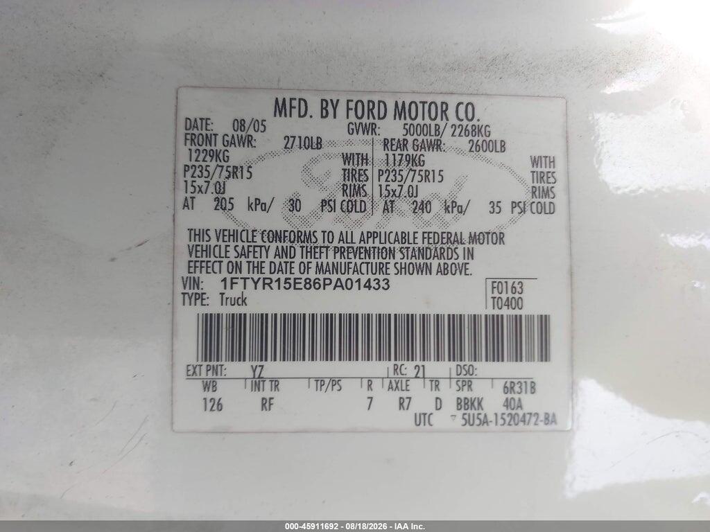 1FTYR15E86PA01433 2006 FORD RANGER photo no. 9