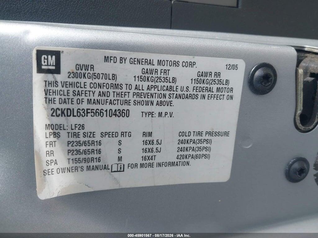 2CKDL63F566104360 2006 PONTIAC TORRENT photo no. 9