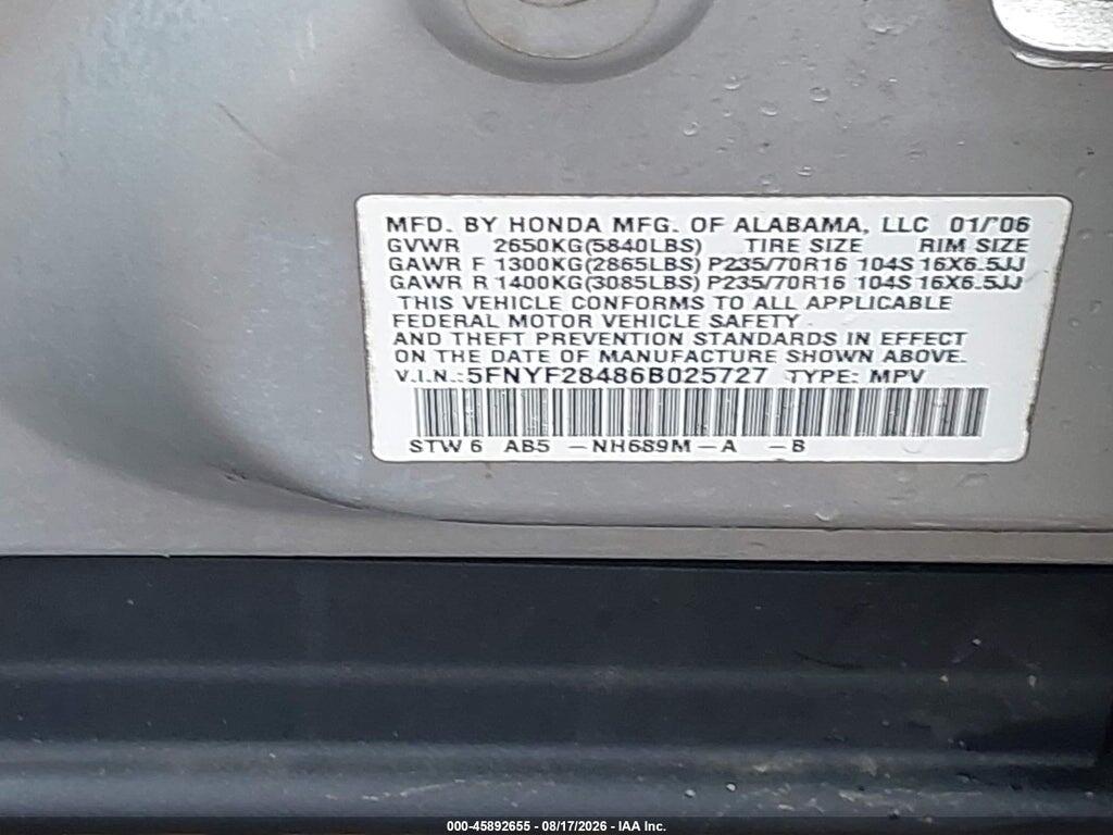 5FNYF28486B025727 2006 HONDA PILOT photo no. 9