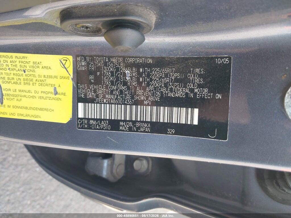 JTEEW21A860014367 2006 TOYOTA HIGHLANDER HYBRID photo no. 9