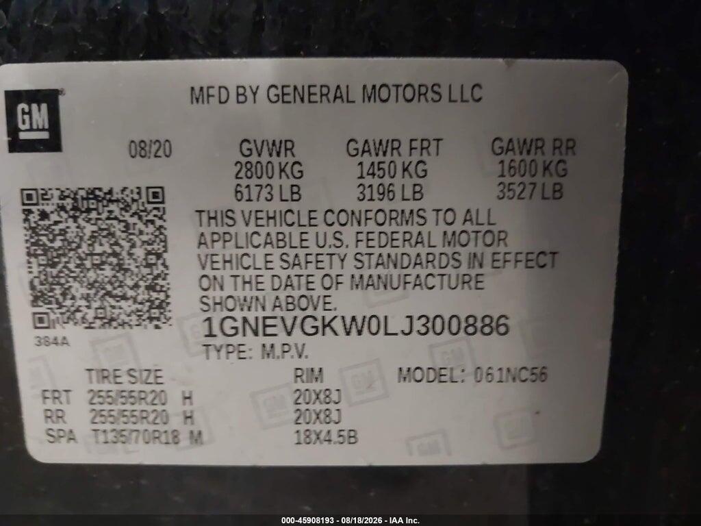 1GNEVGKW0LJ300886 2020 CHEVROLET TRAVERSE photo no. 9