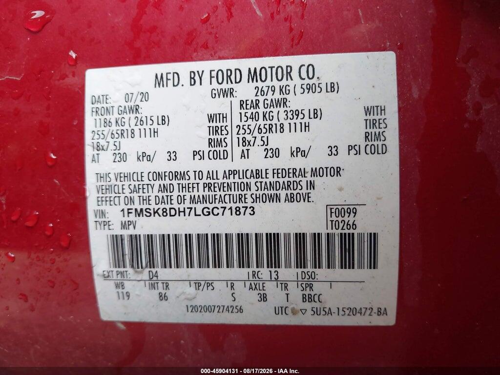 1FMSK8DH7LGC71873 2020 FORD EXPLORER photo no. 9
