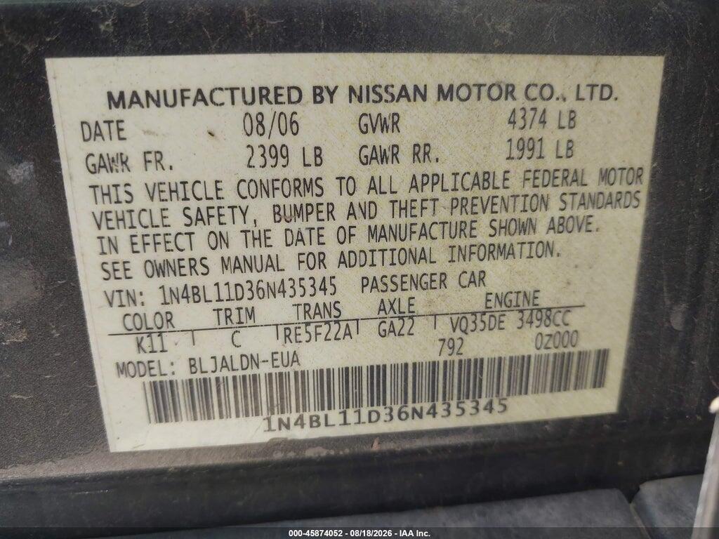 1N4BL11D36N435345 2006 NISSAN ALTIMA photo no. 9