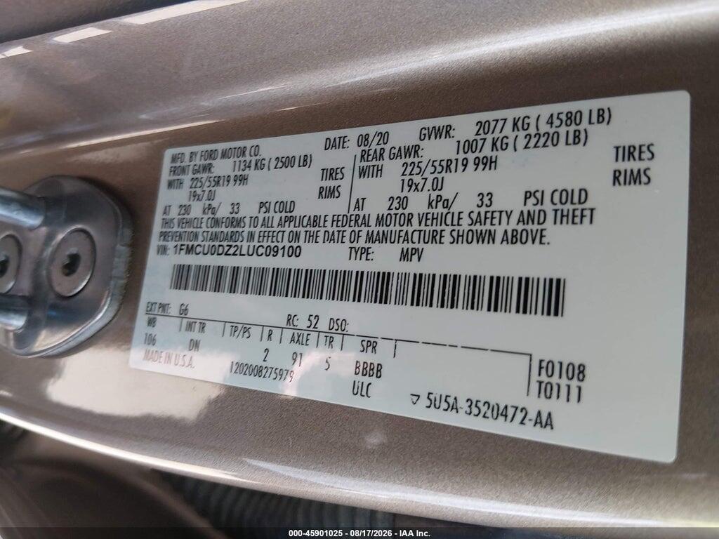 1FMCU0DZ2LUC09100 2020 FORD ESCAPE photo no. 9