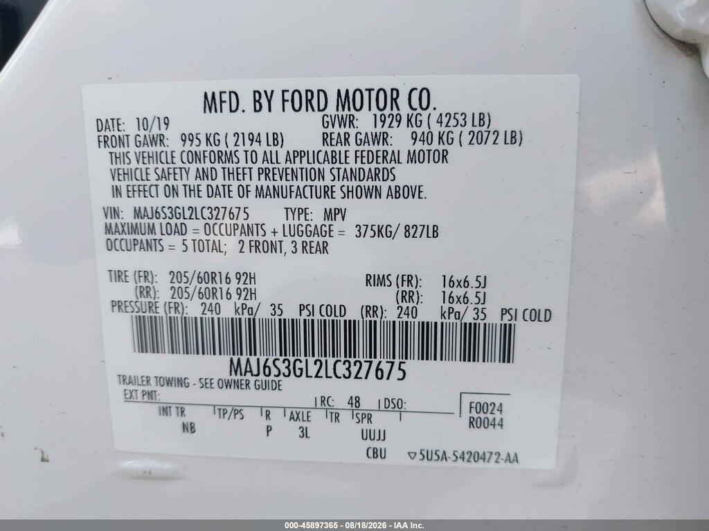 MAJ6S3GL2LC327675 2020 FORD ECOSPORT photo no. 9