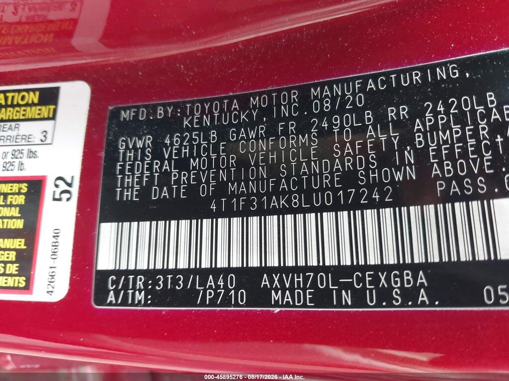 4T1F31AK8LU017242 2020 TOYOTA CAMRY photo no. 9