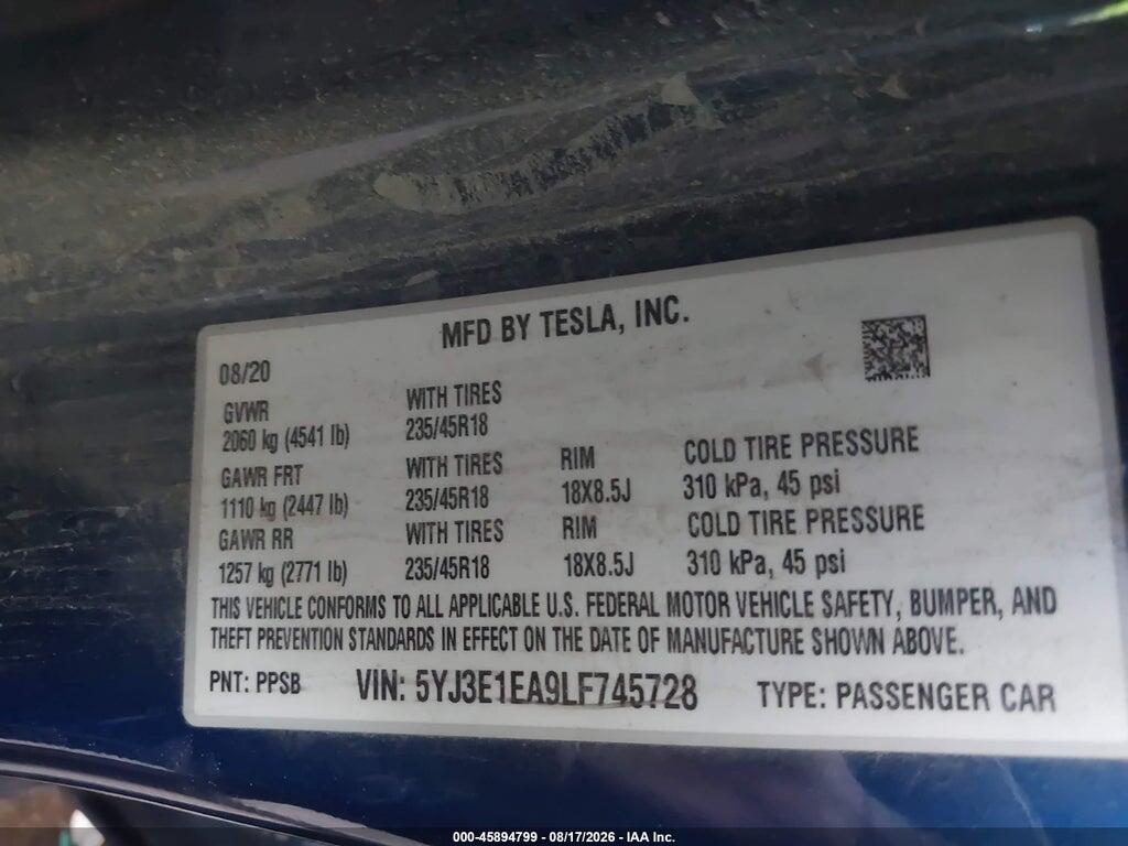 5YJ3E1EA9LF745728 2020 TESLA MODEL 3 photo no. 9