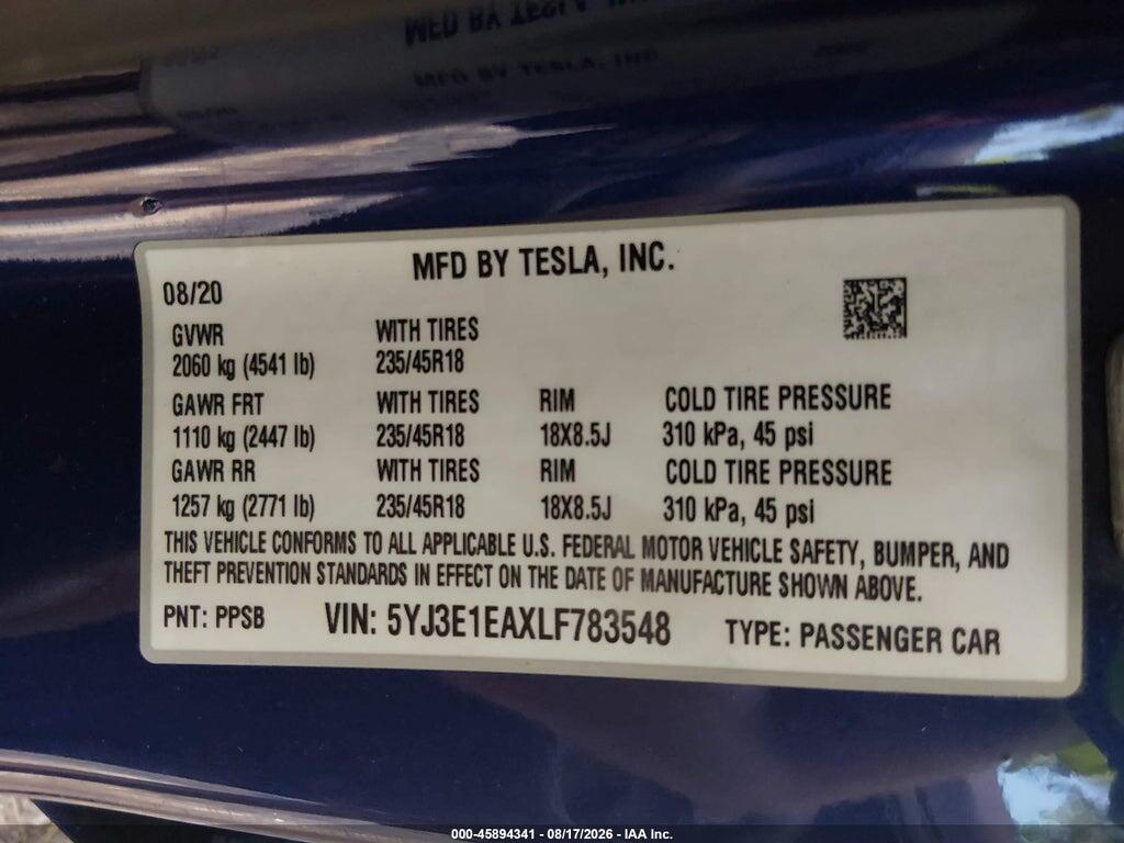 5YJ3E1EAXLF783548 2020 TESLA MODEL 3 photo no. 9