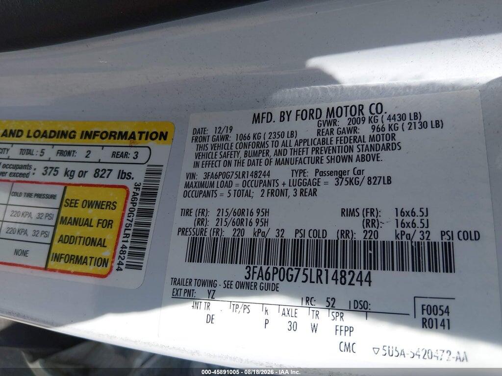 3FA6P0G75LR148244 2020 FORD FUSION photo no. 9