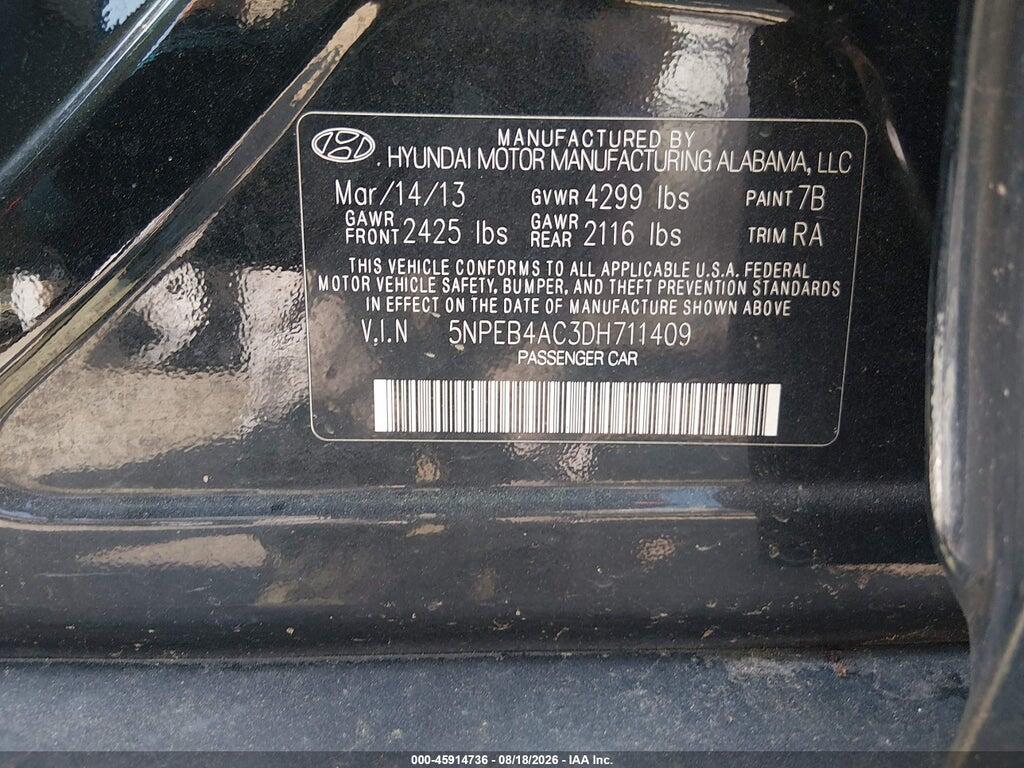 5NPEB4AC3DH711409 2013 HYUNDAI SONATA photo no. 9