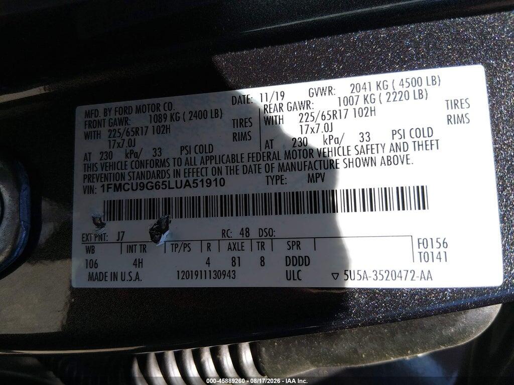 1FMCU9G65LUA51910 2020 FORD ESCAPE photo no. 9