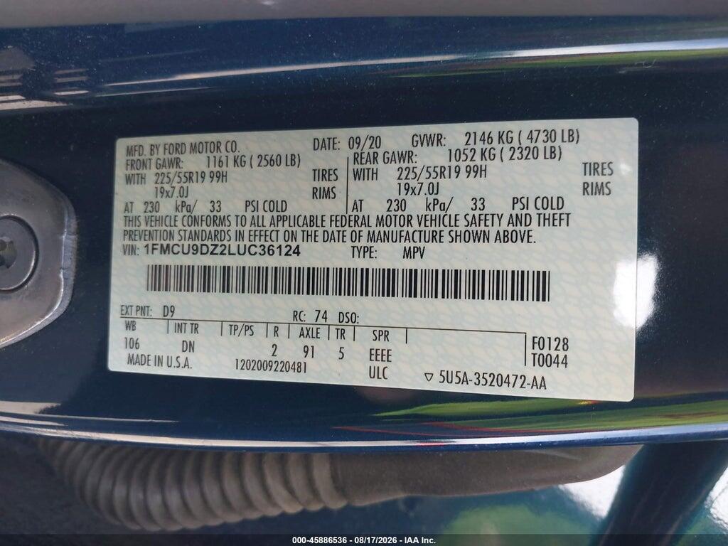 1FMCU9DZ2LUC36124 2020 FORD ESCAPE photo no. 9
