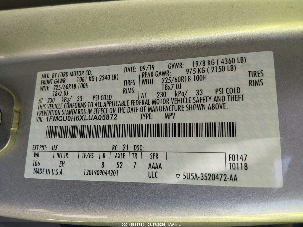 1FMCU0H6XLUA05872 2020 FORD ESCAPE photo no. 9