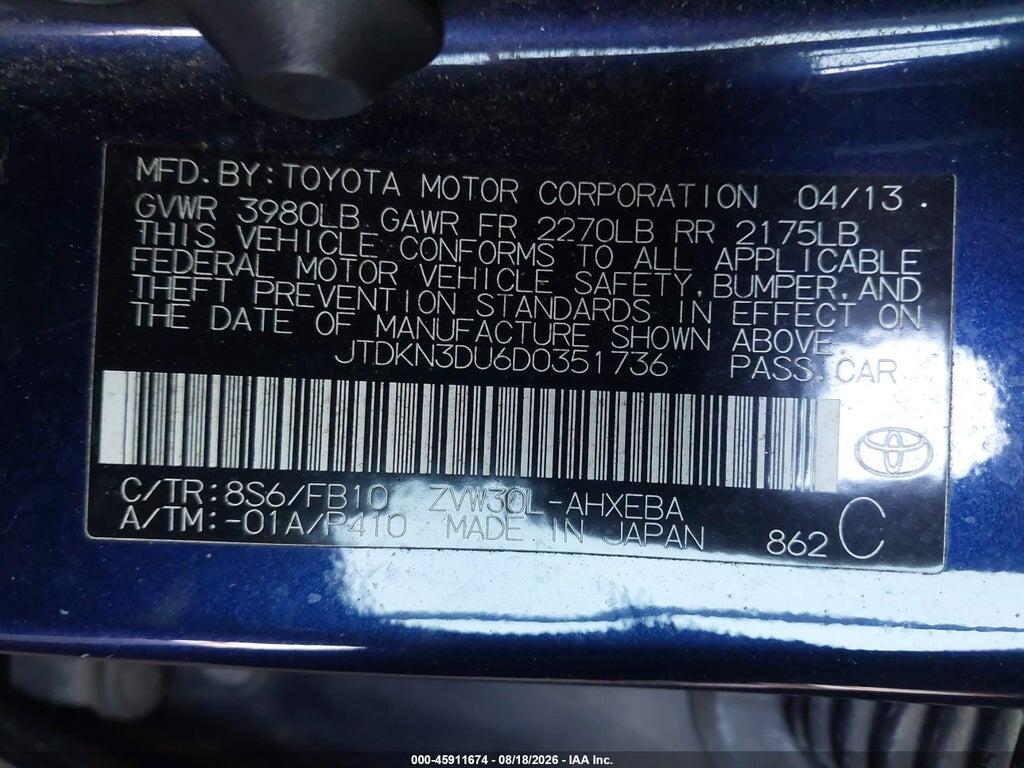 JTDKN3DU6D0351736 2013 TOYOTA PRIUS photo no. 9