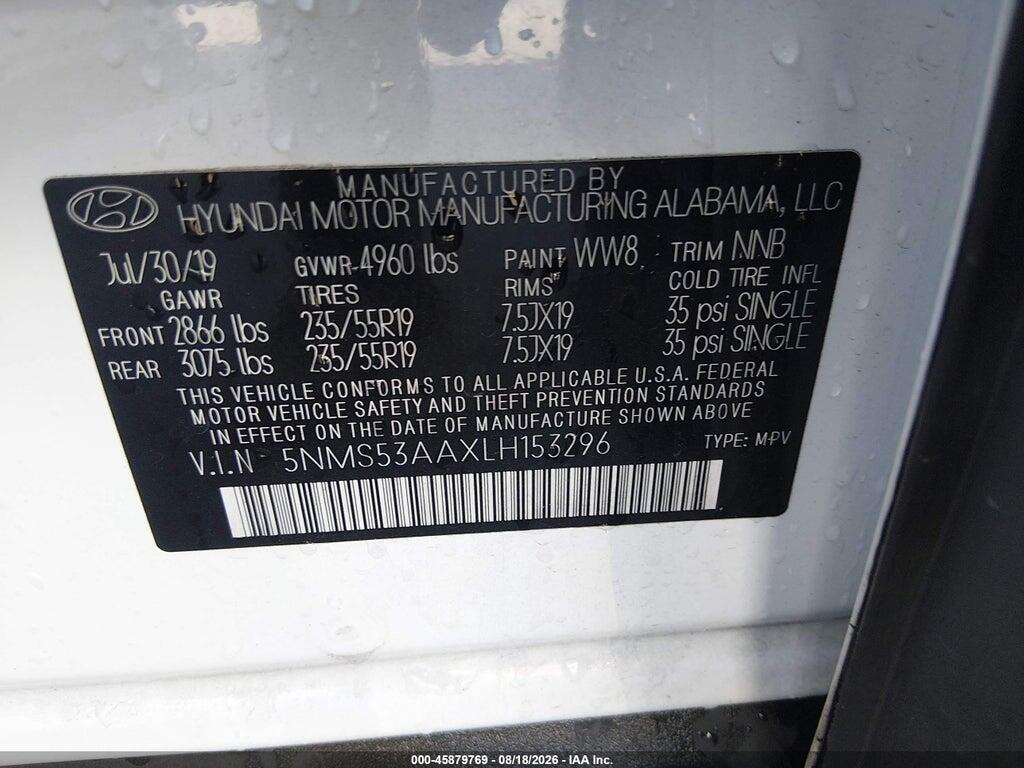 5NMS53AAXLH153296 2020 HYUNDAI SANTA FE photo no. 9
