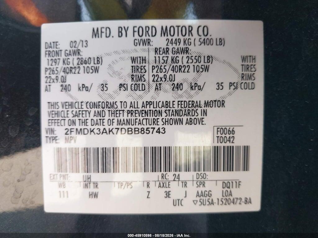2FMDK3AK7DBB85743 2013 FORD EDGE photo no. 9