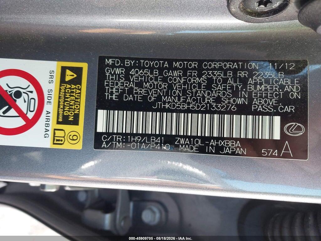 JTHKD5BH5D2133276 2013 LEXUS CT 200H photo no. 9