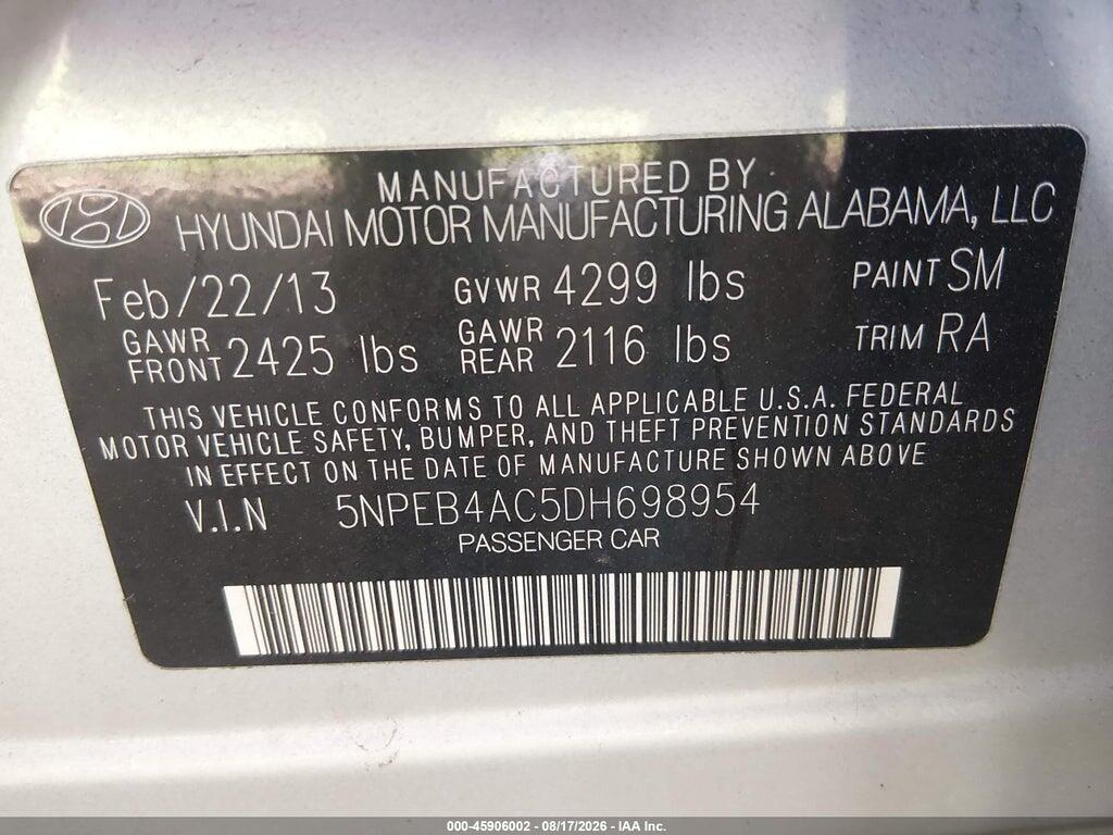 5NPEB4AC5DH698954 2013 HYUNDAI SONATA photo no. 9