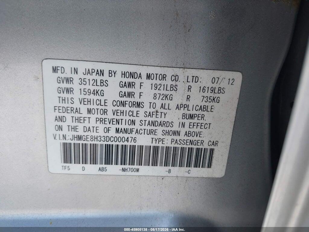 JHMGE8H33DC000476 2013 HONDA FIT photo no. 9