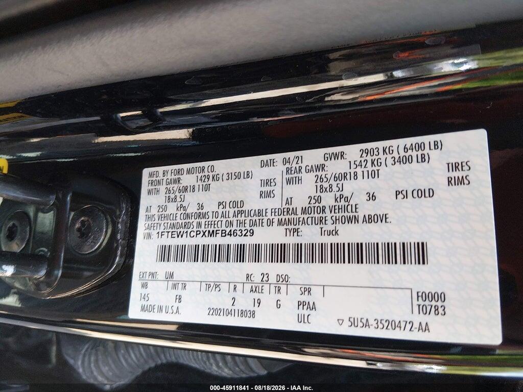 1FTEW1CPXMFB46329 2021 FORD F-150 photo no. 9