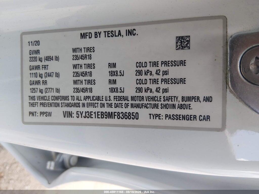5YJ3E1EB9MF836850 2021 TESLA MODEL 3 photo no. 9